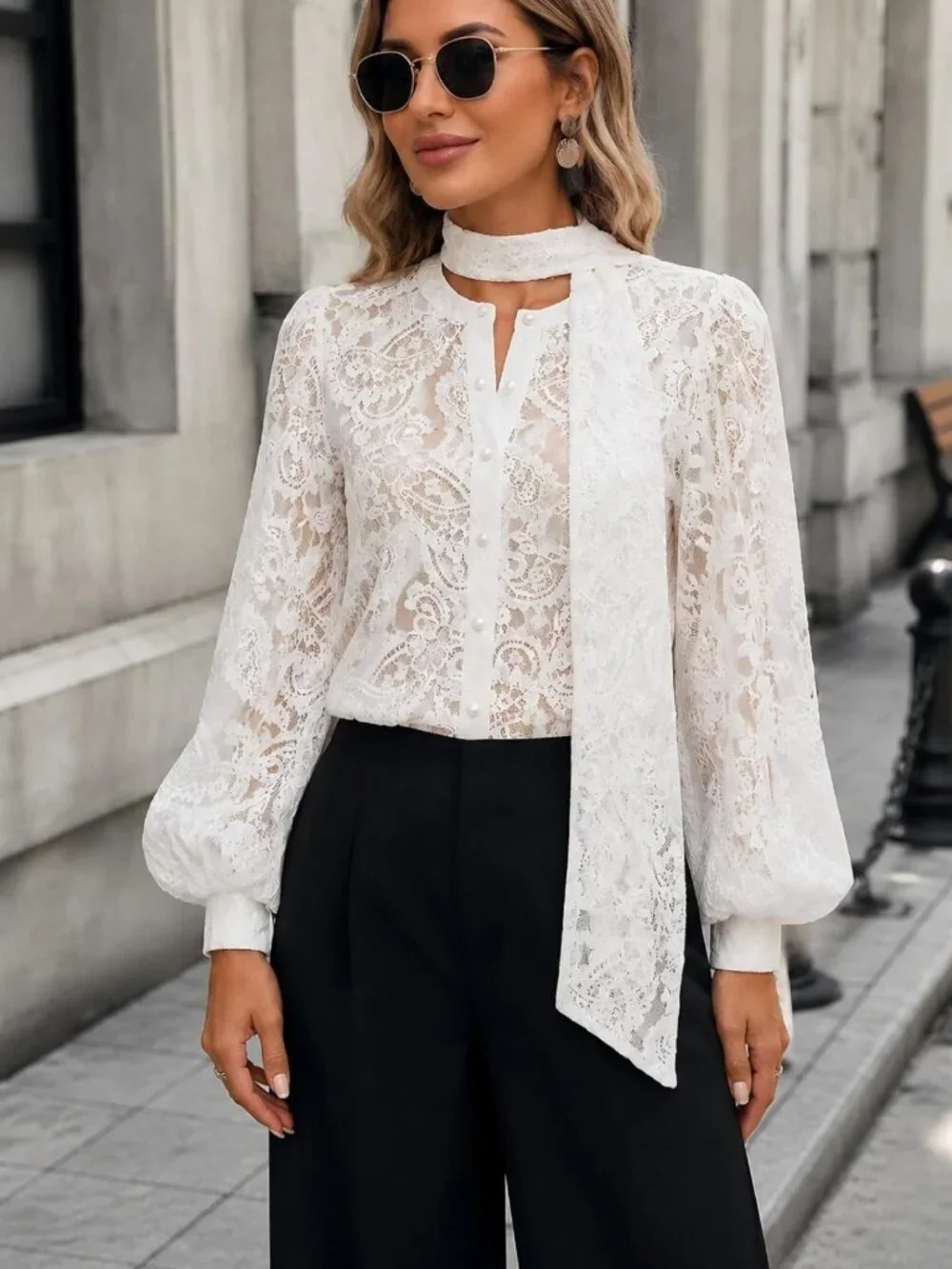 Chic Women's Lace Button Down Blouse with Removable Tie - Elegant Top for Any